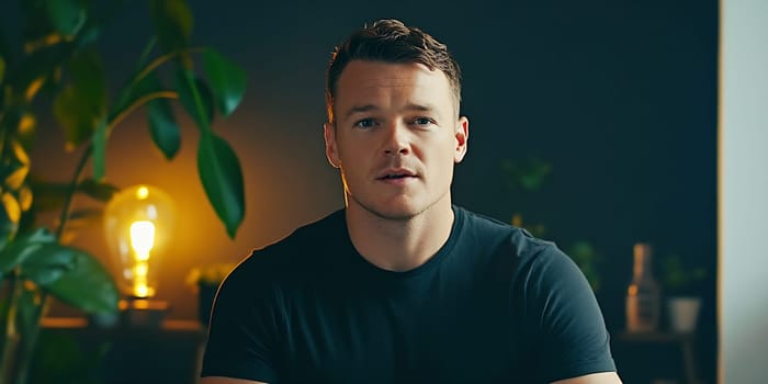 A man in a black shirt is speaking directly to the camera in a cozy room with soft lighting and plants in the background.