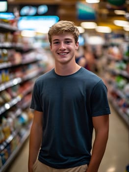 A young man stands confidently in a grocery store aisle, smiling broadly. He seems relaxed and happy while surrounded by products.