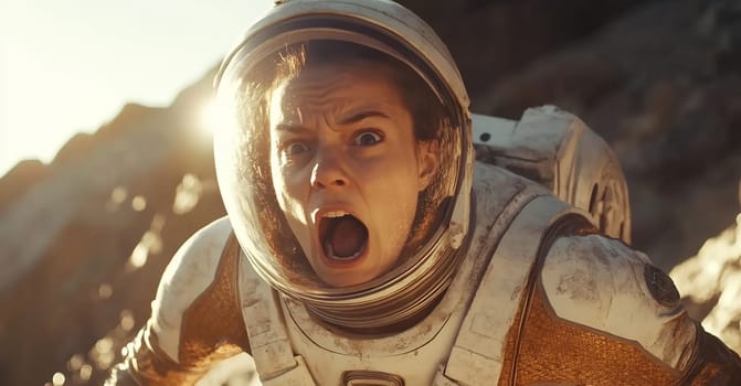 An astronaut on a rocky surface expresses fear, possibly encountering a threat or anomaly, in a dramatic space environment.