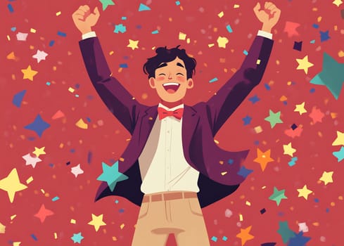 A young man celebrates with raised arms surrounded by colorful confetti and stars, expressing excitement at a festive event.