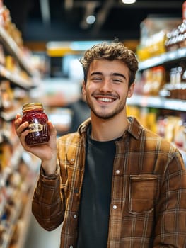 A smiling young man holds a jar in a grocery store aisle filled with various products, enjoying his shopping experience.