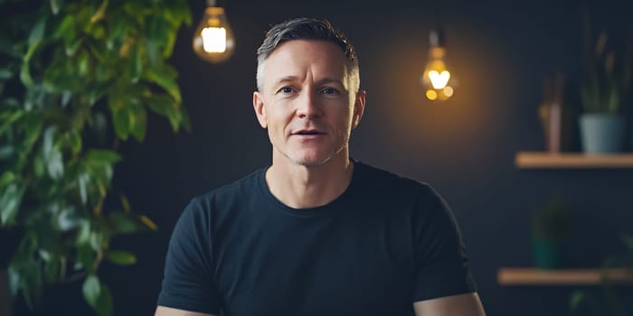A man with short gray hair is smiling while sitting against a backdrop of plants and warm lights, creating a cozy atmosphere.