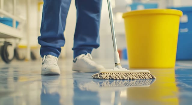 A person mops a shiny floor in a well-lit area using a mop and a yellow bucket for cleaning supplies.