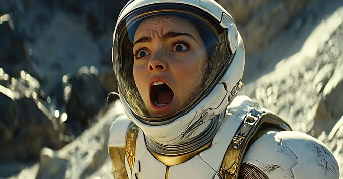 An astronaut expresses fear and urgency while exploring an alien landscape under a helmet, highlighting the risks of space exploration.