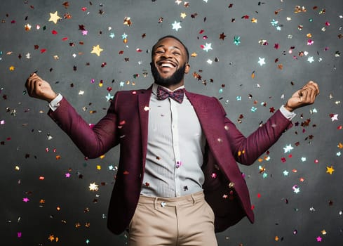 A man in a suit joyfully celebrates, surrounded by colorful confetti falling from above in a festive atmosphere.
