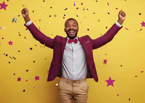 A man in a suit happily celebrates, raising his arms among colorful confetti and stars against a bright yellow background.
