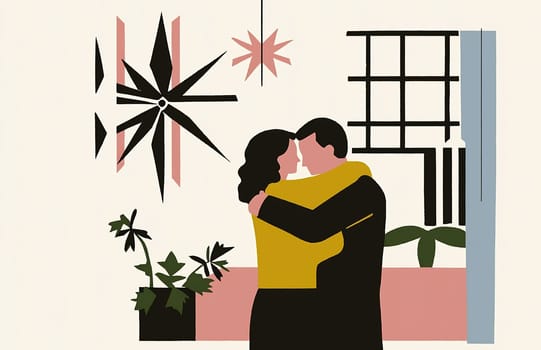 Two people share a warm embrace in a stylish indoor environment with plants and decorative elements, conveying intimacy and affection.