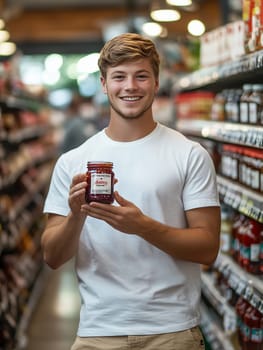 A young man smiles while holding a jar in a grocery store aisle filled with various products. Bright lights enhance the vibrant atmosphere.