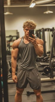 Young man with muscular build takes a mirror selfie in a gym, showcasing his dedication to fitness and strength training.