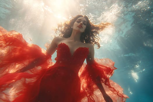 A woman gracefully swims underwater, wearing a flowing red dress that billows around her, illuminated by soft light.