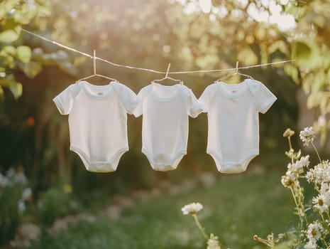 Three white baby onesies hanging on a clothesline, basking in the warm sunlight of a garden.
