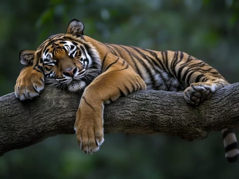 A majestic tiger lounging peacefully on a tree branch, showcasing its natural grace and beauty.