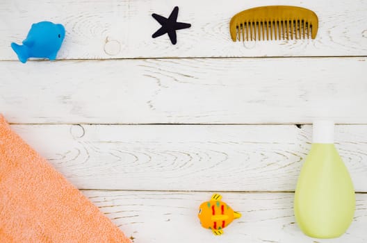 top view baby bath accessories with wooden background. Resolution and high quality beautiful photo