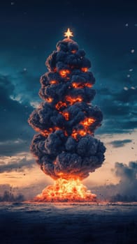 Nuclear mushroom cloud in the shape of a Christmas tree with star on top. Atomic bomb explosion. World war and apocalyptic new year concept.
