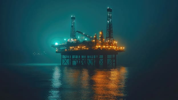 Offshore sea oil platform at night. Illuminated natural gas and oil rig in the ocean.