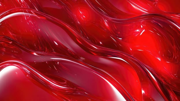 Red glossy holographic background design. Texture with smooth flowing wavy pattern and shiny light reflection effect.