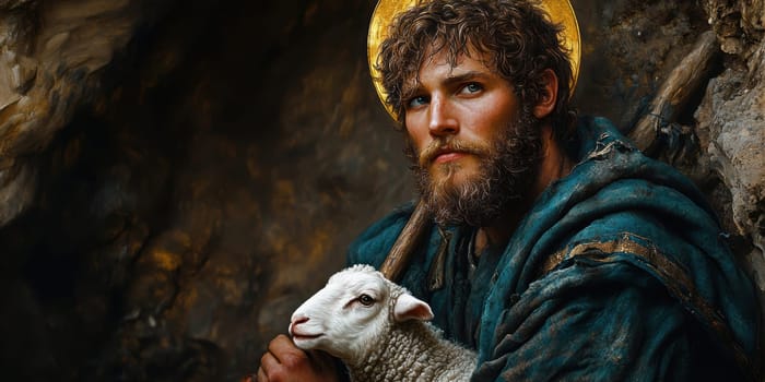 Saint John the Baptist, holding a shepherd's staff and holding a white lamb on one shoulder. AI generative.
