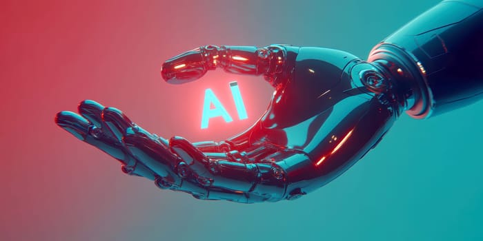 robot hand gently holding an 'AI' logo in its palm. AI generative.