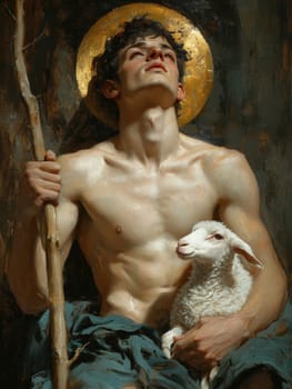Saint John the Baptist, holding a shepherd's staff and holding a white lamb on one shoulder. AI generative.