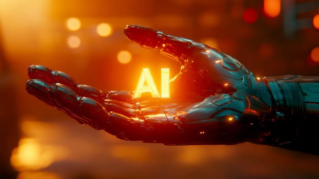 robot hand gently holding an 'AI' logo in its palm. AI generative.
