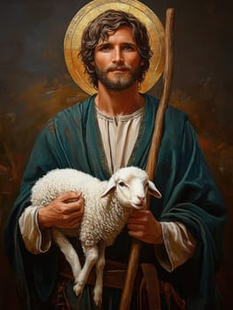 Saint John the Baptist, holding a shepherd's staff and holding a white lamb on one shoulder. AI generative.