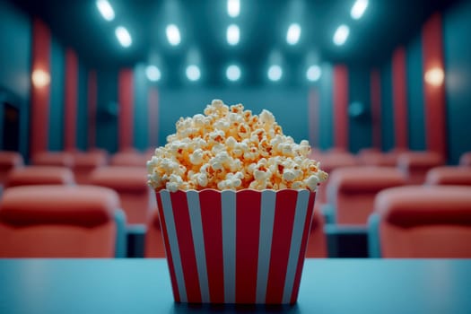 freshly popped popcorn in a cinema. AI generative.