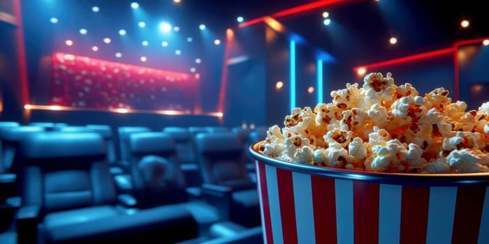 freshly popped popcorn in a cinema. AI generative.