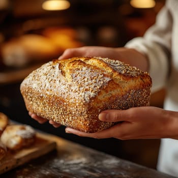 passing a loaf of bread from one hand to another, symbolizing sharing and human ties. AI generative.
