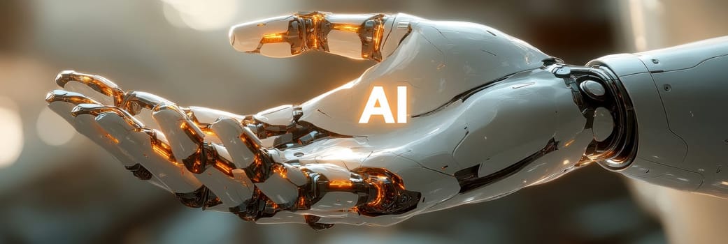 robot hand gently holding an 'AI' logo in its palm. AI generative.