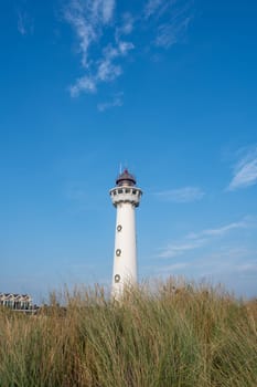 The approx. 28 m high white lighthouse J.C.J. van Speijk in Egmond aan Zee, North Holland, Netherlands, in the sand dunes with beach grass