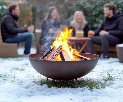 A fire bowl with a bonfire in a snow-covered garden and smiling people. AI generative