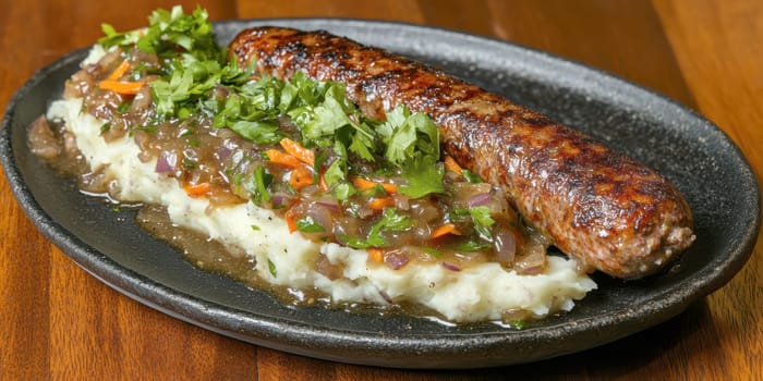 Traditional Polish dish, potatoes with baked kielbasa and onion sauce. AI generative.