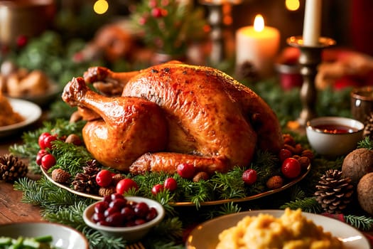 A perfectly roasted turkey garnished with pine sprigs and cranberries, surrounded by festive decor and candlelight. Holiday traditions, gourmet cooking, and family celebrations