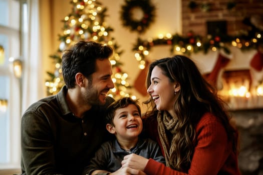 A joyful family celebrating Christmas in a cozy living room decorated with a glowing Christmas tree and festive garlands. Family togetherness, holiday traditions, and seasonal warmth