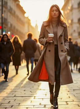 A stylish woman in a beige trench coat walks confidently through a bustling city street at sunset, holding a takeaway coffee. Modern lifestyle, urban fashion, and seasonal transitions