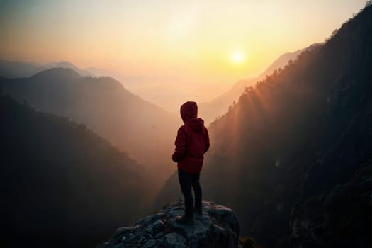 A lone hiker stands on a rocky outcrop, overlooking a serene mountain landscape bathed in the warm glow of sunrise. Exploration, adventure, solitude, and nature’s beauty