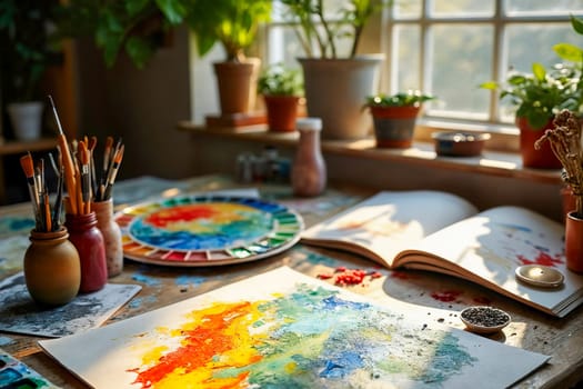 A serene artist workspace with brushes, a vibrant color palette, and a painting in progress illuminated by natural light. Creativity, inspiration, and artistic expression