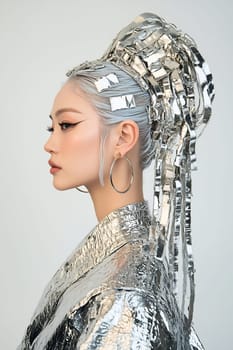 A model showcases a striking hairstyle featuring metallic ribbons and a reflective outfit, highlighting contemporary fashion innovation.