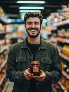 A young man stands in a grocery store aisle, holding a jar happily while surrounded by shelves stocked with various products.