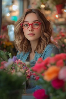 A young woman with curly hair and red glasses sits thoughtfully among vibrant flowers in a lively floral shop, showcasing a colorful atmosphere.