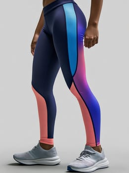 A person showcases colorful leggings designed with blue, pink, and purple hues while standing in a neutral setting.