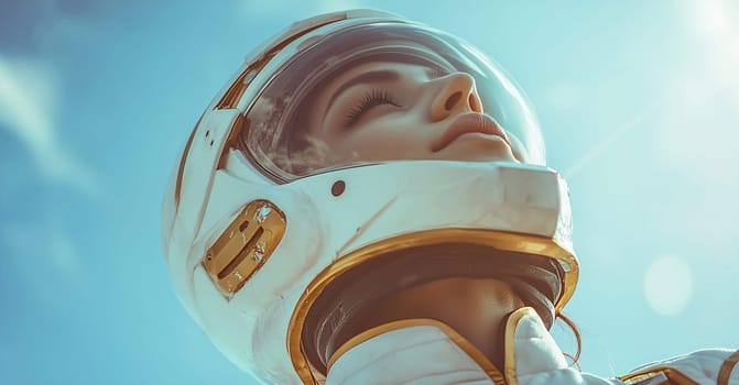 An astronaut gazes toward the sky, wearing a bright white helmet with gold accents. The scene is bathed in sunlight, evoking a sense of wonder.