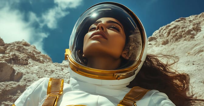 A woman in a spacesuit gazes upward, surrounded by rocky terrain and a bright blue sky with wispy clouds, capturing a moment of exploration.