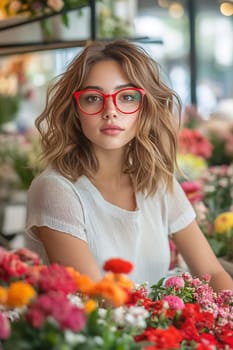 A woman with wavy hair and red glasses poses among vibrant flowers in a lively floral shop, radiating beauty and tranquility.