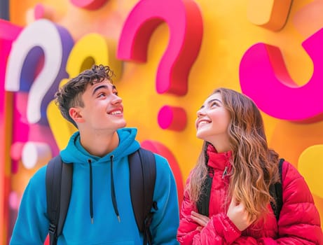 Two young people are smiling while looking up at a vibrant wall covered in large question marks. Their clothing reflects a cheerful vibe.