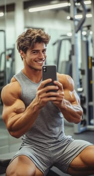 A fit young man with well-defined muscles poses for a selfie in a gym setting during late afternoon.