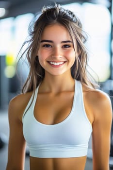 A young woman with a radiant smile stands confidently in a gym, ready for her workout. Her casual fitness attire highlights her active lifestyle.
