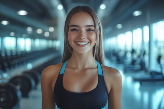 A young woman with a bright smile poses confidently in a fitness center, showcasing her workout attire and dedication to fitness.