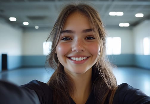 A girl takes a cheerful selfie in a spacious indoor setting, showcasing her bright smile and engaging personality.