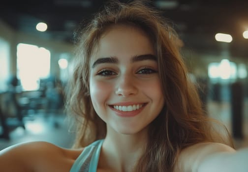 A young woman takes a selfie in a gym while smiling brightly, showcasing a vibrant and energetic atmosphere during workout hours.